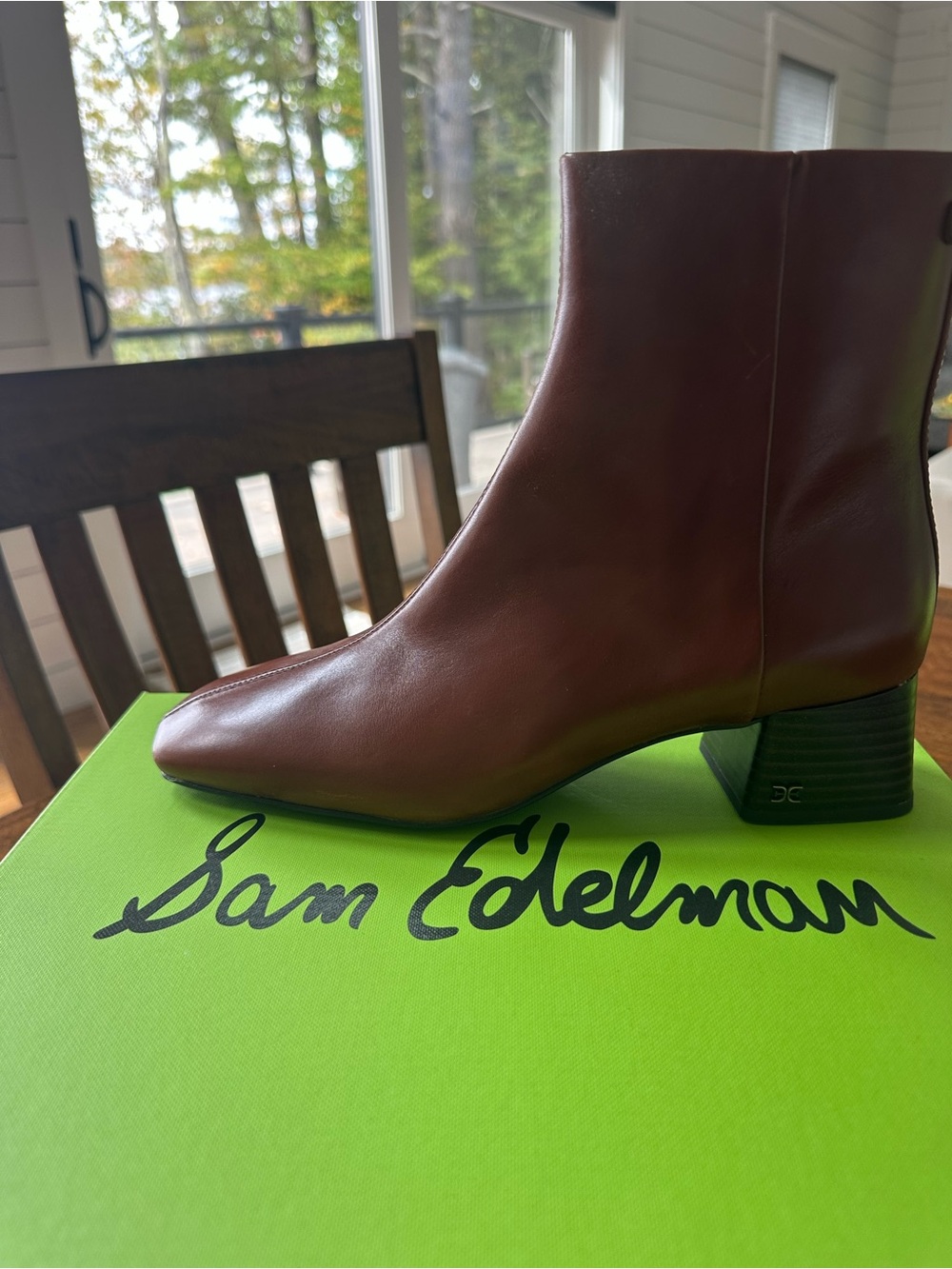 Sam Edelman Chestnut Brown Leather Ankle Bootie with Block Heel